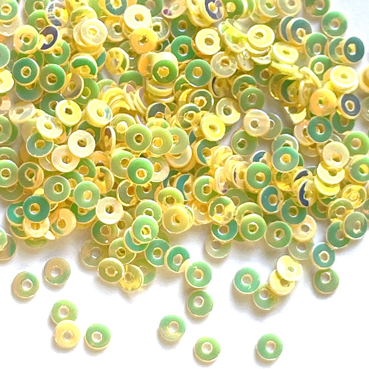 www,colourstreams.com,.au Colour Streams Stitching Embellishments Embroidery Costumes Sequins Flat 3mm Pale Lemon with Green and Copper Lights Circle Yellow S25