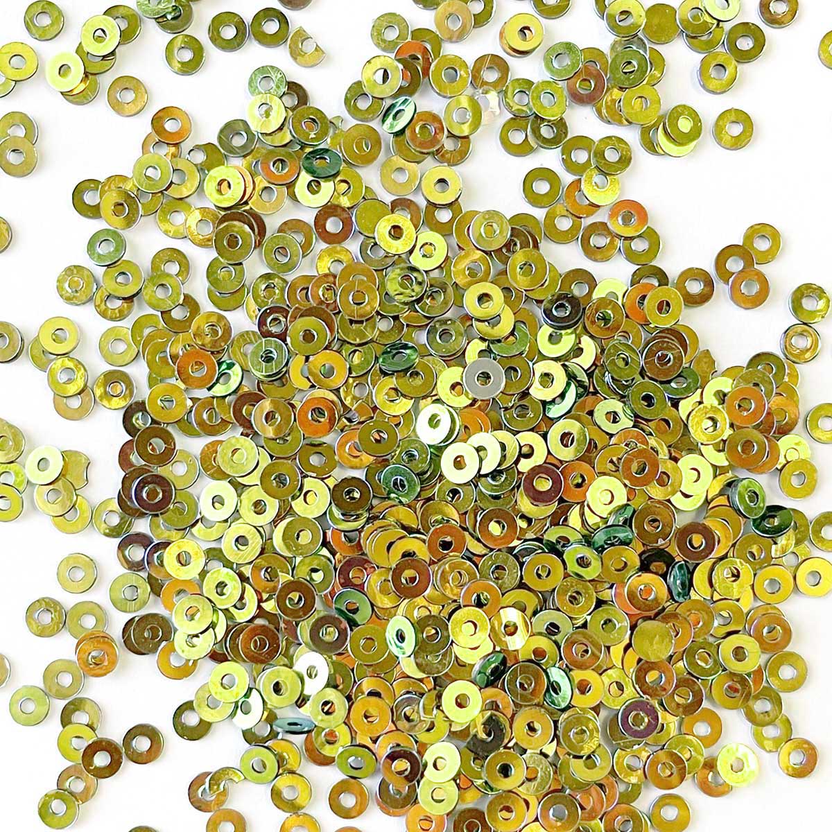 www.colourstreams.com.au Colour Streams Sequins Embellishments Costumes Mardi Gras Dancing Ballet Theatre Shows Drag Queen Bling Costuming Embellishments Australia USA Canada NZ Flat Circle Shape Iridescent Reflective Shiny Green with Copper and Gold Lights 4mm S260