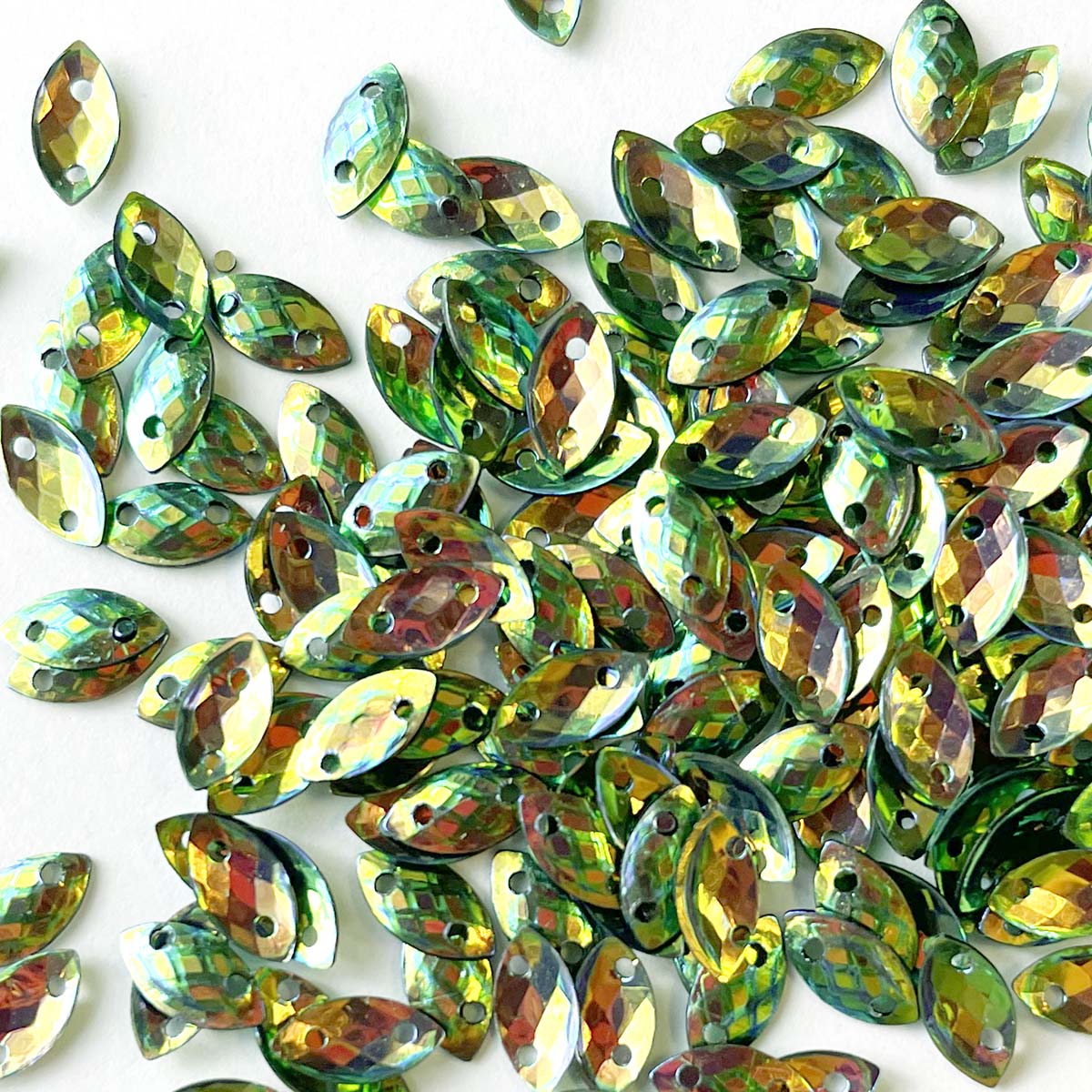 www.colourstreams.com.au Colour Streams Sequins Embellishments Costumes Mardi Gras Dancing Ballet Theatre Shows Drag Queen Bling Australia Canada NZ USA  Leaf Iridescent Reflective Shiny Green with Copper and Gold Lights Sequin 8mm x 4mm S268
