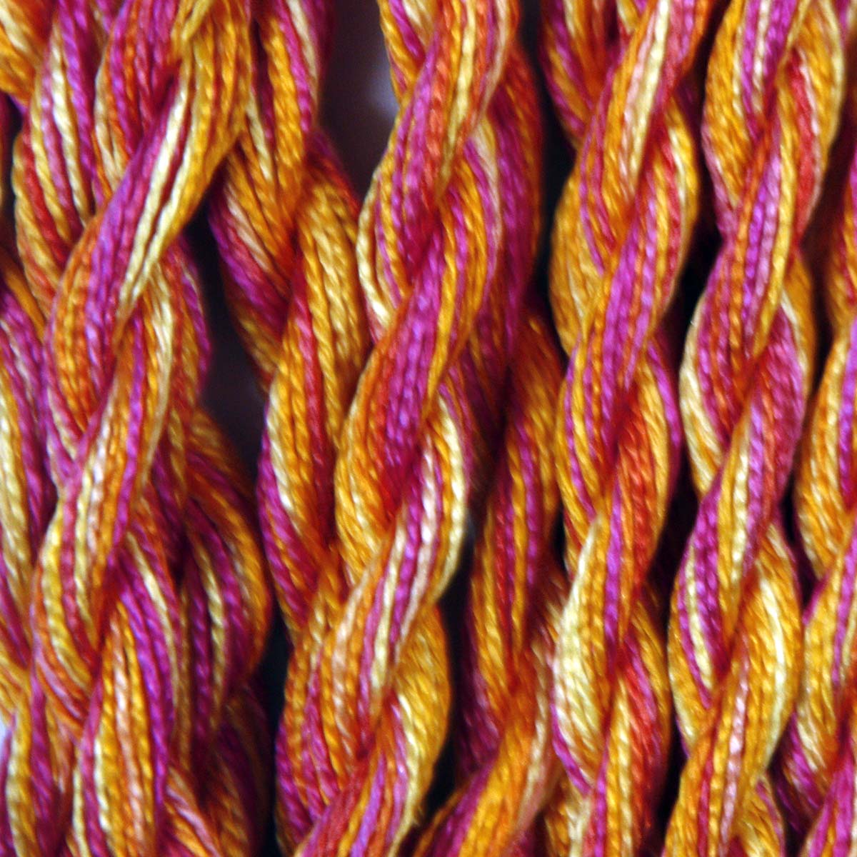 www.colourstreams.com.au Colour Streams Hand Dyed Silk Threads Silken Strands Ophir Exotic Lights Aurora Slow Stitch Embroidery Textile Arts Fibre DL 68 Tequila Sunrise Oranges Yellows Pinks