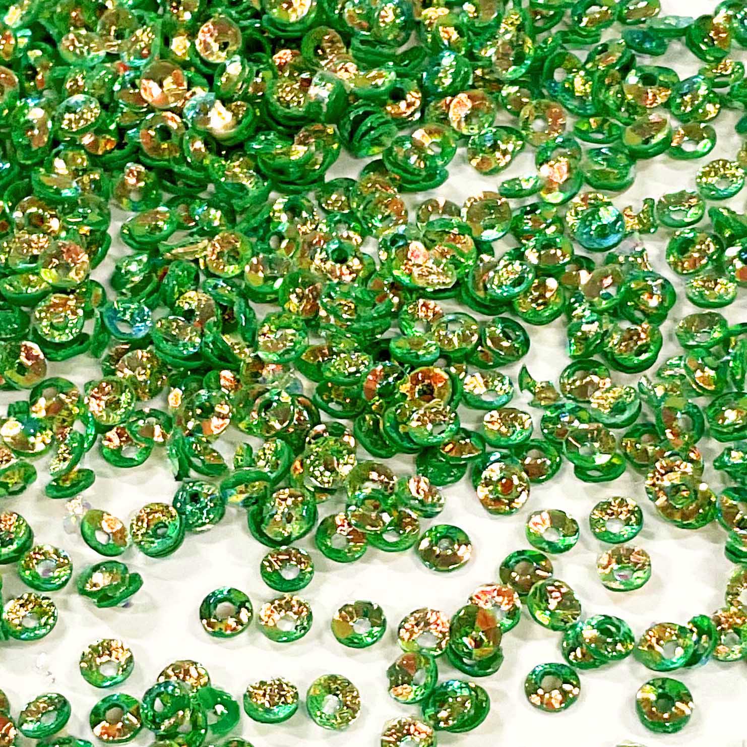 www.colourstreams.com.au Colour Streams Sequins Embellishments Costumes Mardi Gras Dancing Ballet Theatre Shows Drag Queen Bling S110 Cup Circle Shape Bright Green Gold Red Lights Iridescent Greens Golds Reflective Shiny 3mm