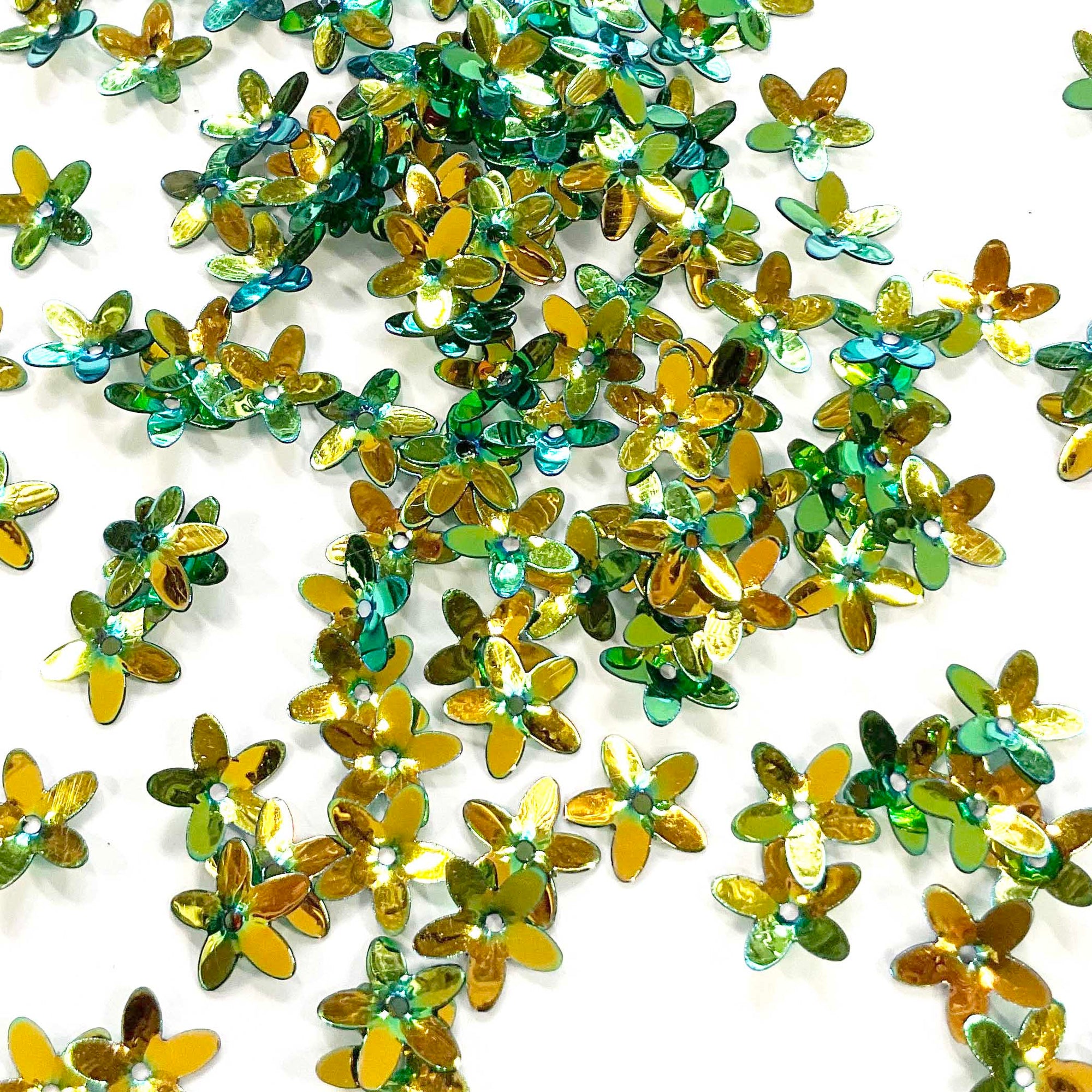 www.colourstreams.com.au Colour Streams Sequins Embellishments Costumes Mardi Gras Dancing Ballet Theatre Shows Drag Queen Bling S98 Green Gold Lights Iridescent Daisy Shape Shiny 10mm