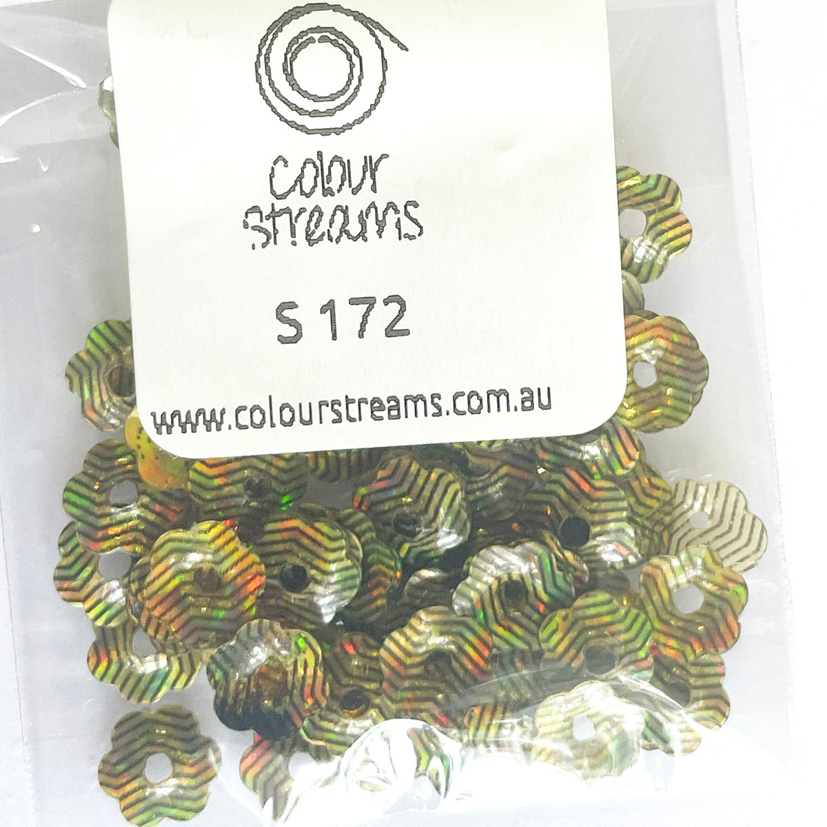 www.colourstreams.com.au Colour Streams Sequins Embellishments Stitching Embroidery Textile Arts Costumes Mardi Gras Dancing Ballet Theatre Shows Drag Queen Bling Reflective Iridescent 6mm Flower Matte Gold with Black Lines and Red Lights S172