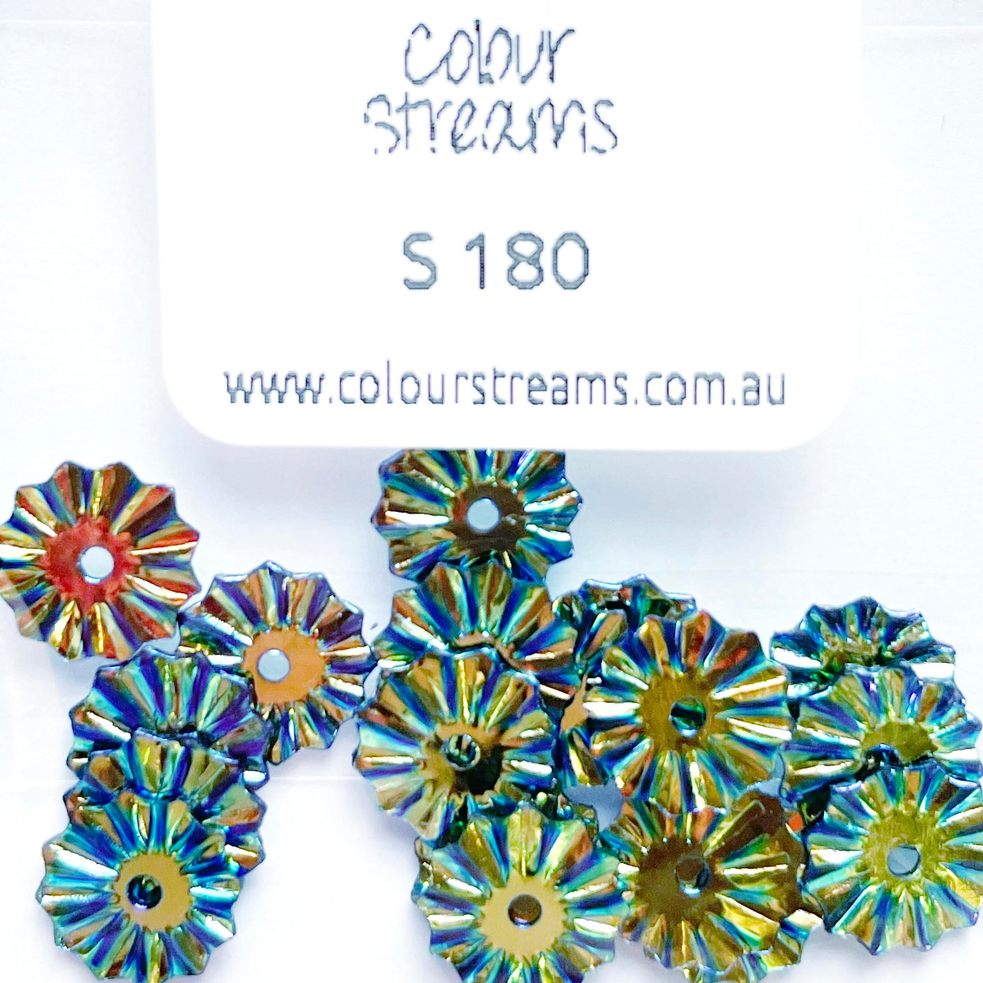 www.colourstreams.com.au  Colour Streams Sequins Embellishments Stitching Costumes Mardi Gras Dancing Ballet Theatre Shows Drag Queen Bling S180 Roundwheel Gold with Green and Blue Lights Iridescent Reflective 8mm