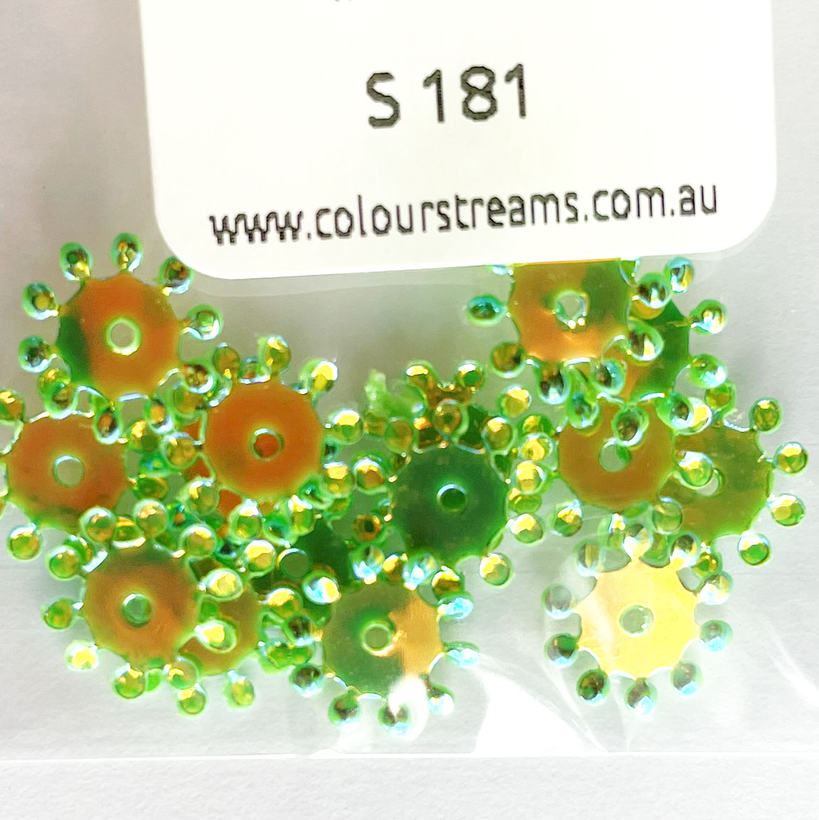 www.colourstreams.com.au  Colour Streams Sequins Embellishments Stitching Costumes Mardi Gras Dancing Ballet Theatre Shows Drag Queen Bling Starburst Pale Green with Gold Lights Sequin Iridescent Reflective 10mm (S320)