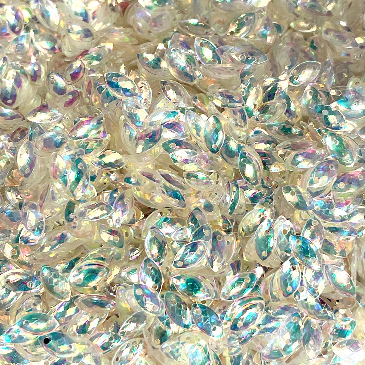 www.colourstreams.com.au Colour Streams Sequins Embellishments Costumes Mardi Gras Dancing Ballet Theatre Shows Drag Queen Bling Australia Canada NZ USA Leaf Paillettes Coutures Millinary Transparent Reflective Shiny Lights Sequin 10mm x 5mm Pearl White with Multi Lights S189