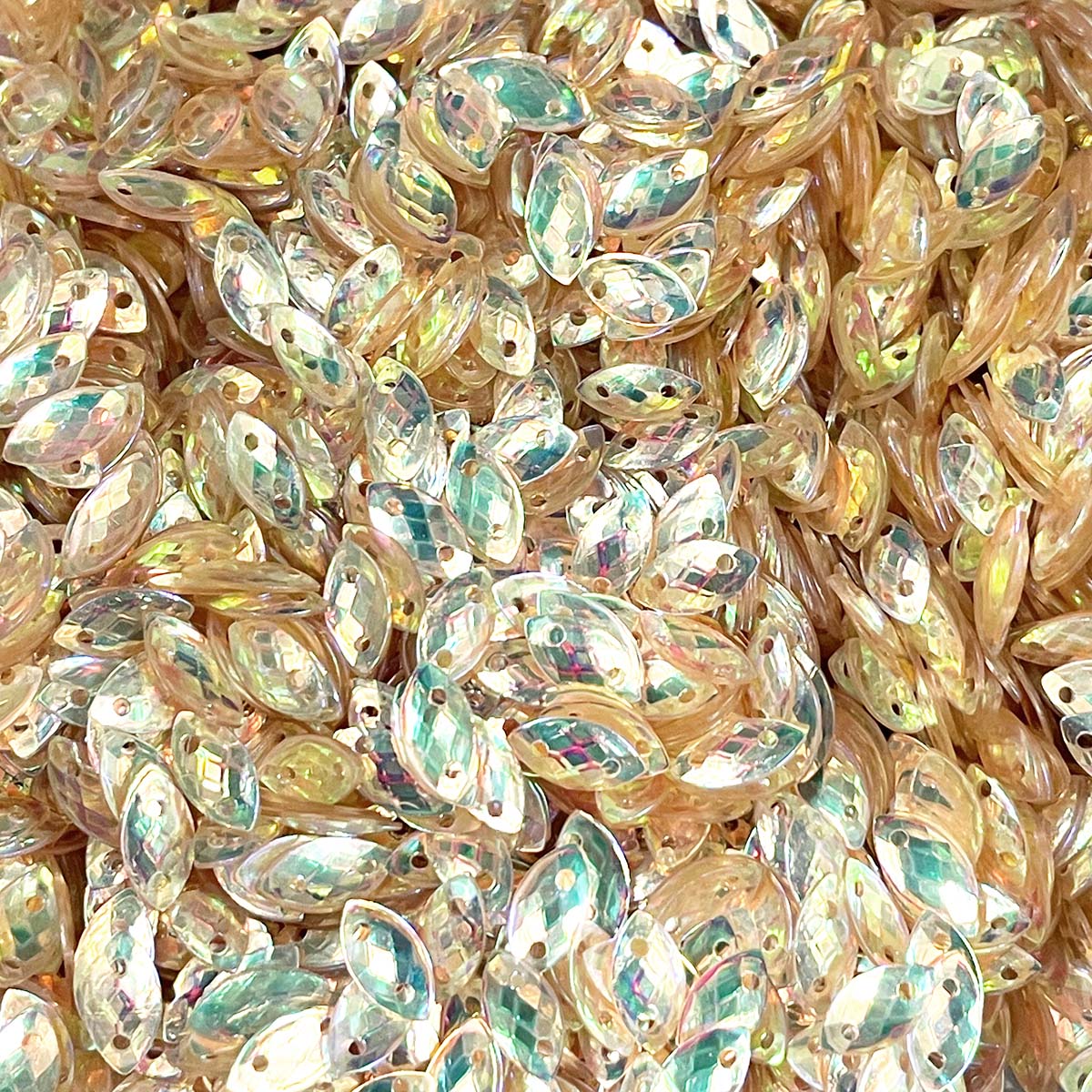 www.colourstreams.com.au Colour Streams Sequins Embellishments Costumes Mardi Gras Dancing Ballet Theatre Shows Drag Queen Bling Australia Canada NZ USA Paillettes Millinary Couture Leaf Transparent Reflective Shiny Lights Sequin 10mm x 5mm Gold Blue Green Lights S191