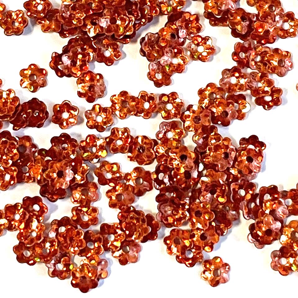 www.colourstreams.com.au Colour Streams Sequins Embellishments Costumes Mardi Gras Dancing Ballet Theatre Shows Drag Queen Bling S192 Opaque Flower Shape Copper Rust Orange Lights Iridescent Reflections Shiny 5mm