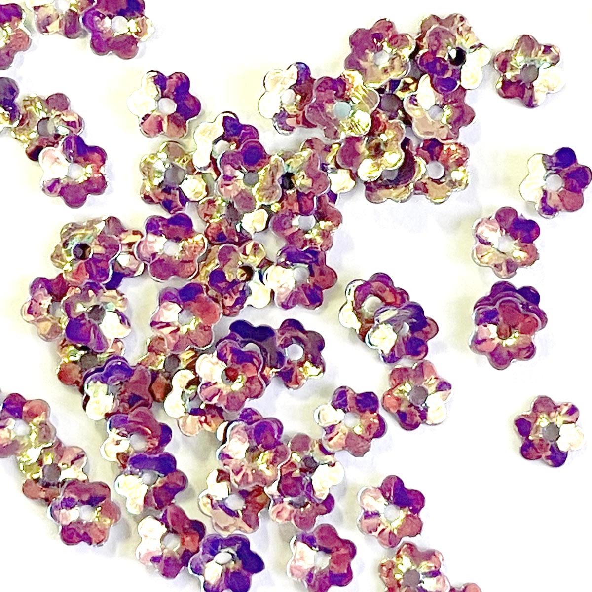 www.colourstreams.com.au Colour Streams Sequins Embellishments Costumes Mardi Gras Dancing Ballet Theatre Shows Drag Queen Bling S195 Opaque Flower Shape Mauve with Green and Copper Lights Iridescent Reflections Shiny 5mm