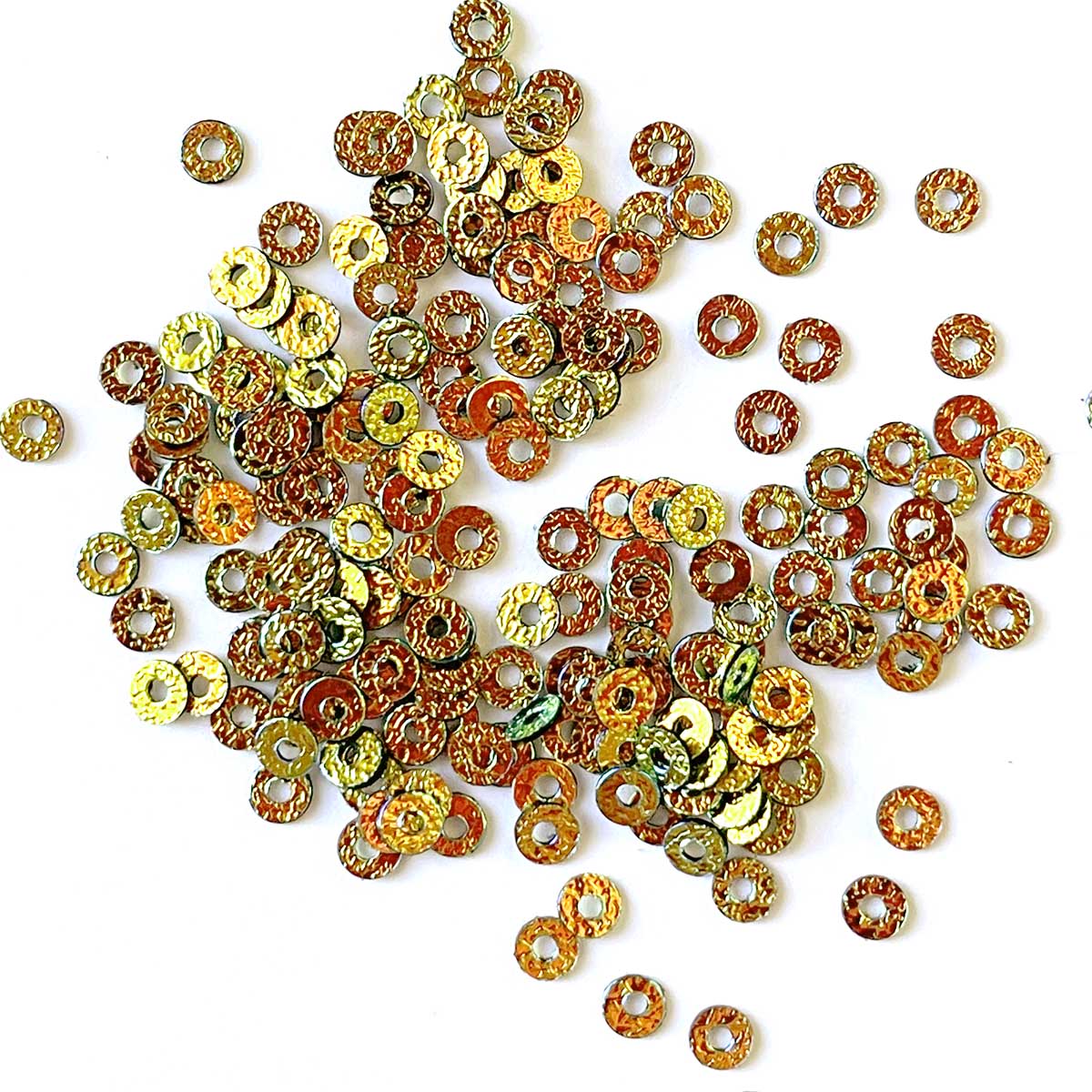 Sequins - Flat - Circle - 4mm - Textured Green with Copper and Gold Lights (S229)