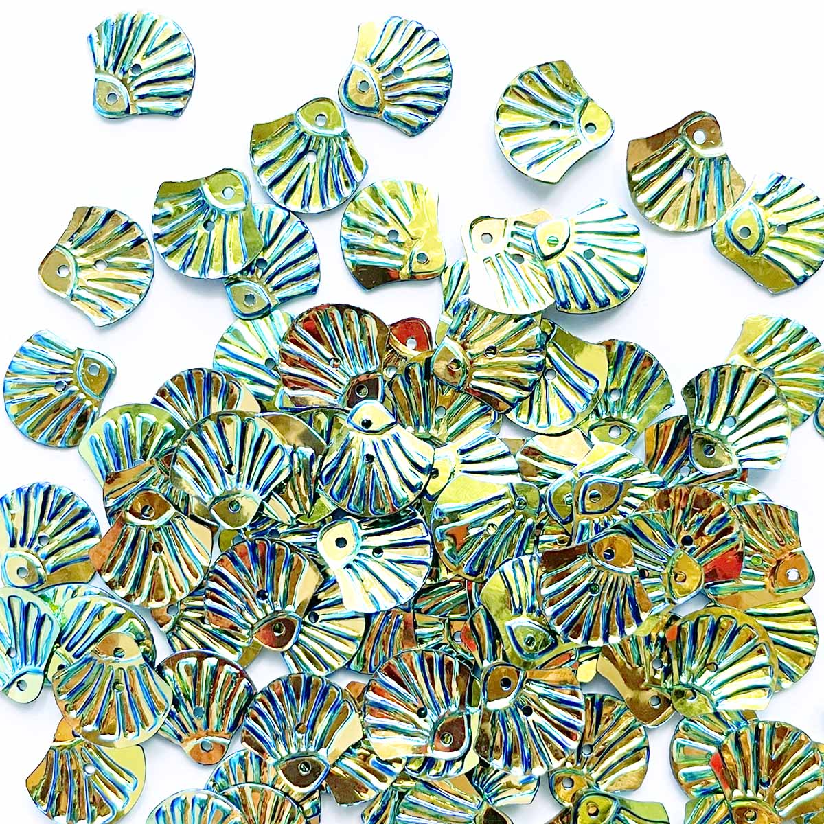 www.colourstreams.com.au Colour Streams Embellishments Stitching Embroidery Australia Canada USA NZ Costumes Sequins Fan Shells 13mm Gold Blue Green Lights S244