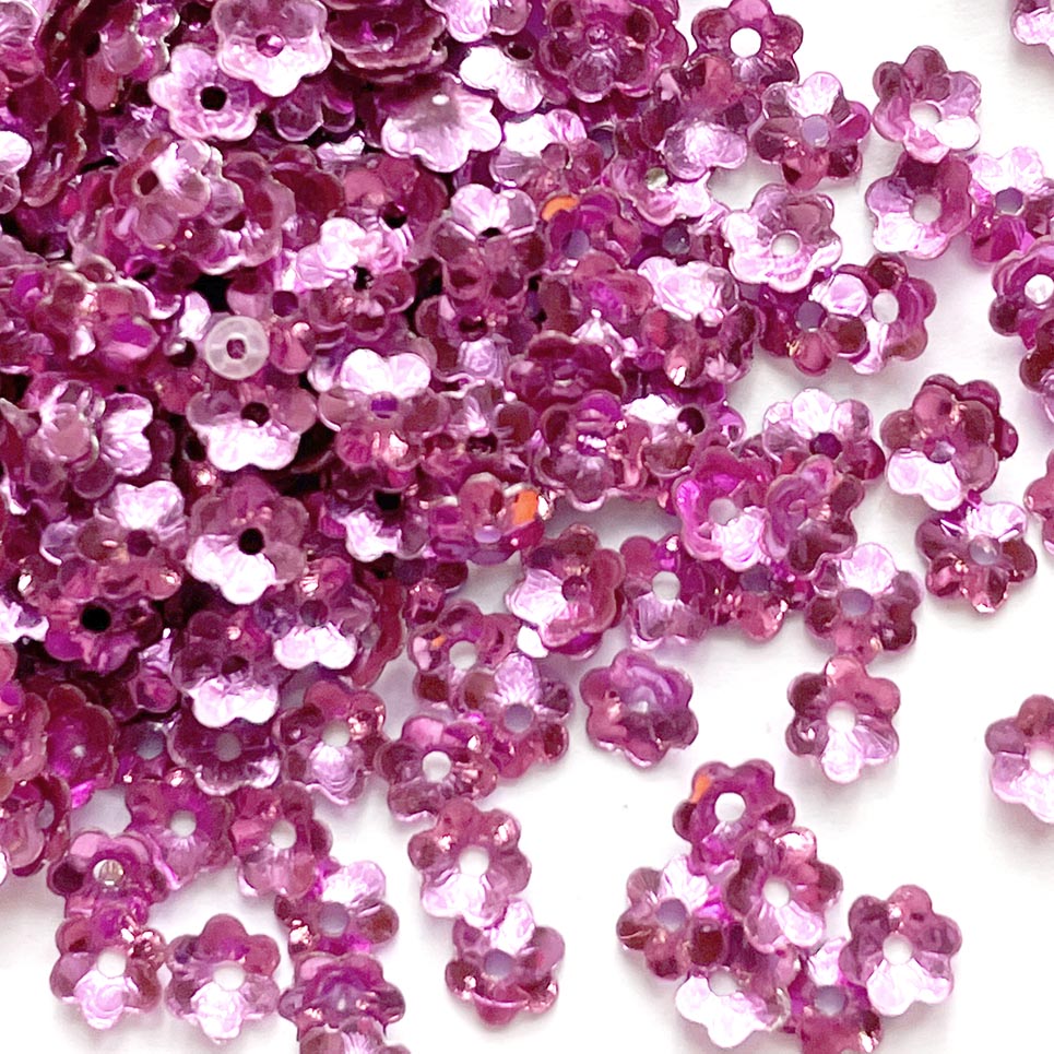 www.colourstreams.com.au Colour Streams Sequins Embellishments Costuming Stitching Beading Costumes Australia USA Canada NZ Flower 6mm Mauve Pink with Purple and Pink Lights S267