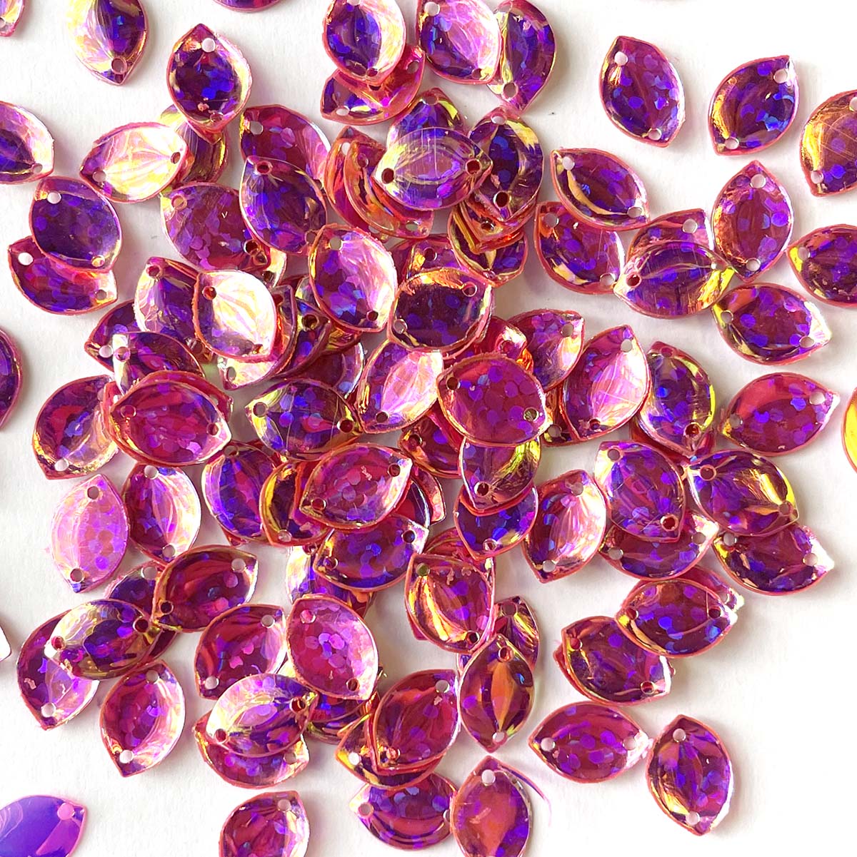 www.colourstreams.com.au Colour Streams Sequins Embellishments Costumes Mardi Gras Dancing Ballet Theatre Shows Drag Queen Bling Australia Canada NZ USA  Leaf Iridescent Reflective Shiny Pink Purple Yellow Lights Sequin 10mm x 7mm S233