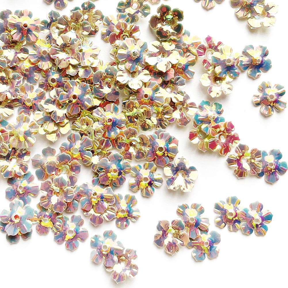 www.colourstreams.com.au Colour Streams Sequins Embellishments Costumes Mardi Gras Dancing Ballet Theatre Shows Drag Queen Bling Embroidery Australia NZ Canada USA Shiny Luminescent Reflective Iridescent Flower 10mm Silver with Multi Lights S294