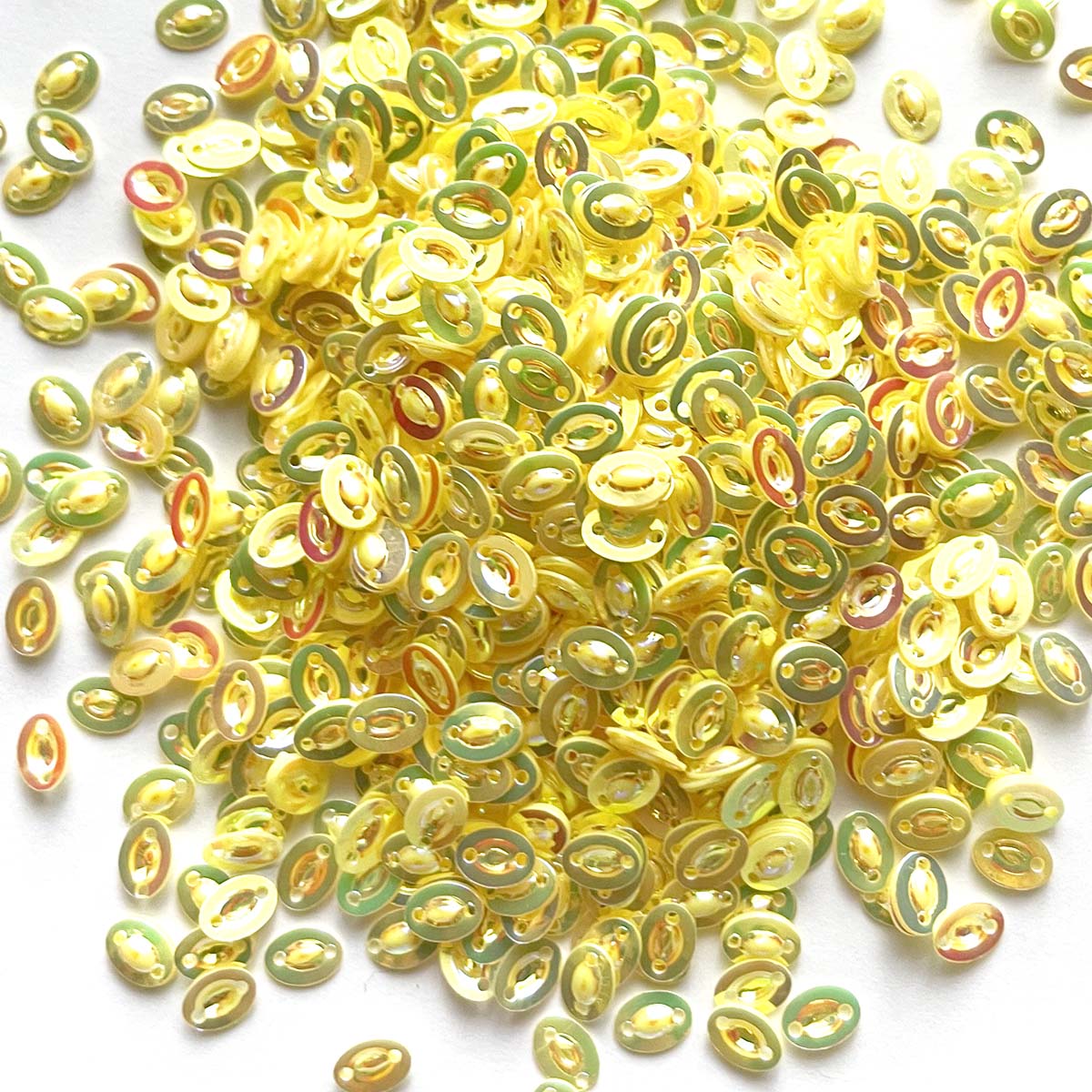 www.colourstreams.com.au Colour Streams Sequins Embellishments Costumes Mardi Gras Dancing Ballet Theatre Shows Drag Queen Bling Australia USA Canada NZ Shape Reflective Sequin Oval 2 Holes 6mm x 4mm Lemon Yellow Red Green Lights S300