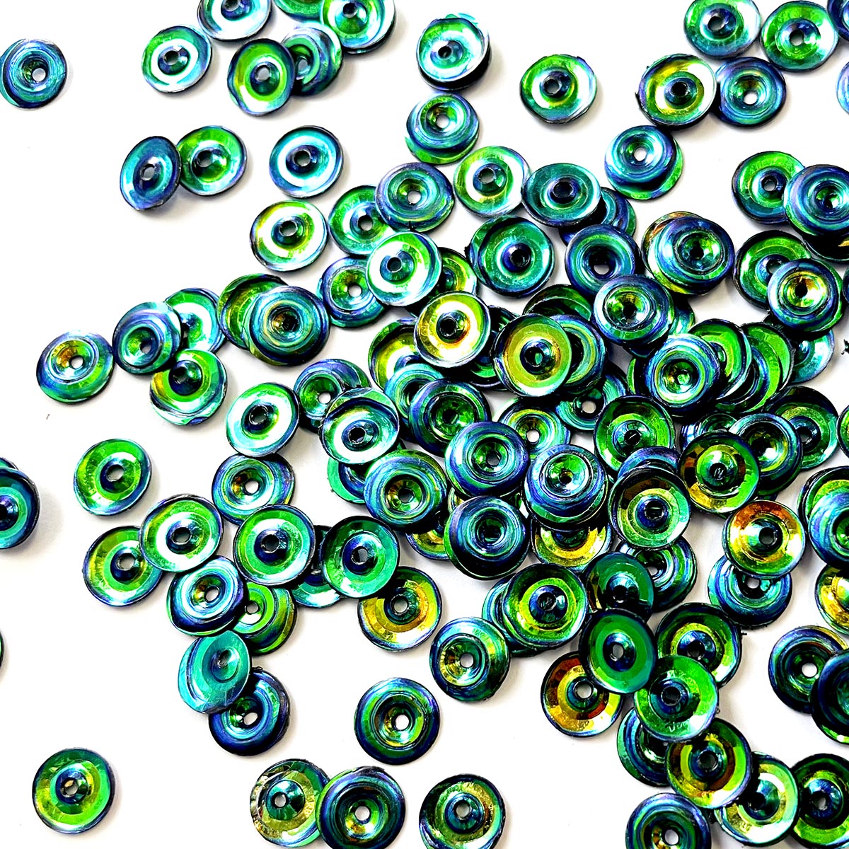 www.colourstreams.com.au Colour Streams Sequins Embellishments Costumes Mardi Gras Dancing Ballet Theatre Shows Drag Queen Bling Paillettes Millinary Australia USA Canada NZ S303 Round Shape Iridescent Blue and Green Lights Reflective Shiny 7mm