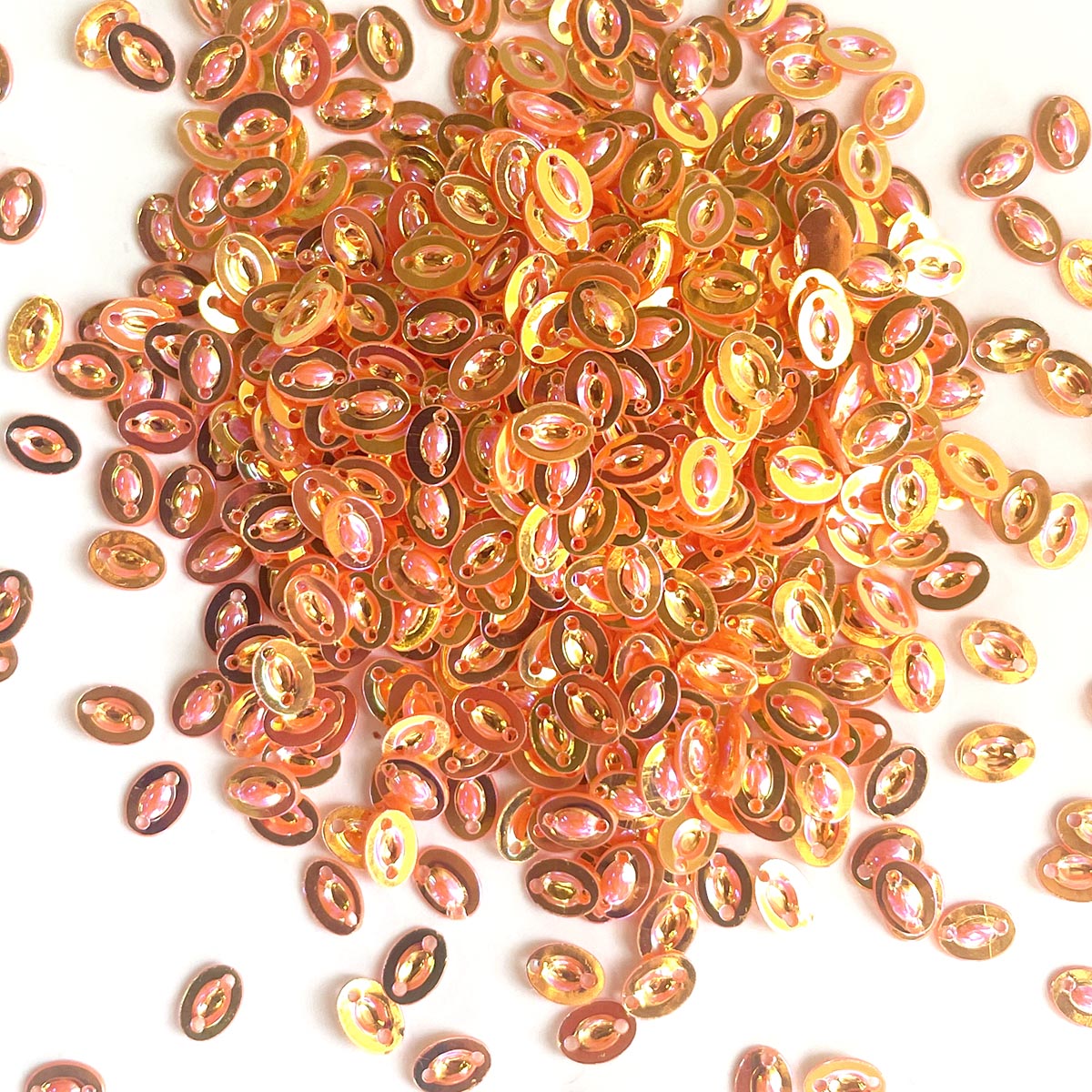 www.colourstreams.com.au Colour Streams Sequins Embellishments Costumes Mardi Gras Dancing Ballet Theatre Shows Drag Queen Bling Australia USA Canada NZ Shape Reflective Sequin Oval 2 Holes 5mm x 4mm Orange Gold Lights S60