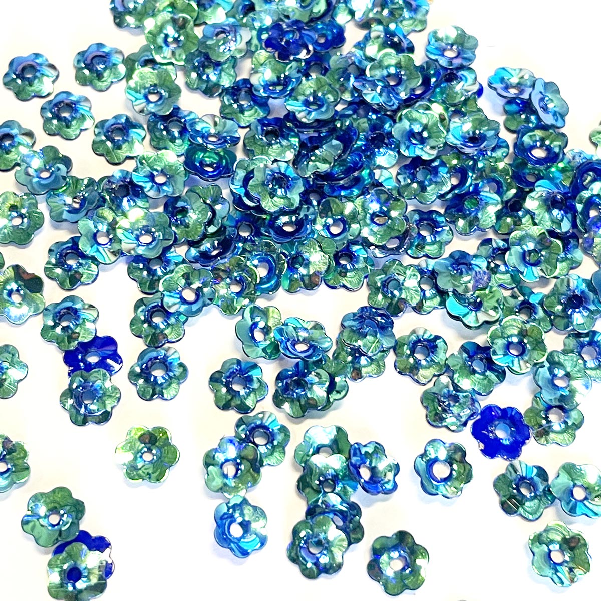 www.colourstreams.com.au Colour Streams Sequins Embellishments Costumes Mardi Gras Dancing Ballet Theatre Shows Drag Queen Bling Australia Canada NZ USA Flower Shape Turquoise Blue Opaque Metallic Green Lights 6mm S65