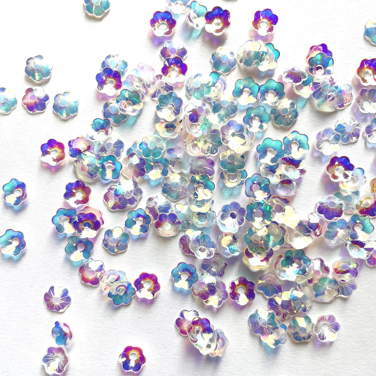 www.colourstreams.com.au Colour Streams Sequins Embellishments Costuming Stitching Beading Costumes Australia USA Canada NZ Flower 6mm Transparent White Multi Blue Lights S57 6mm