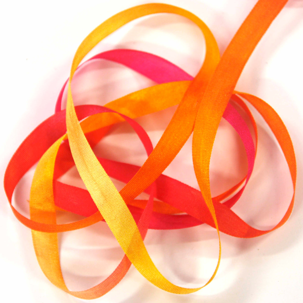 www.colourstreams.com.au Colour Streams Silk Ribbons DL 68 Tequila Sunrise Pinks Oranges Yellows Lemons Hand Dyed 4mm 7mm 13mm