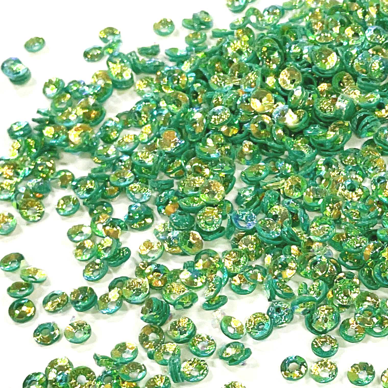 www.colourstreams.com.au Colour Streams Sequins Embellishments Costumes Mardi Gras Dancing Ballet Theatre Shows Drag Queen Bling S104 Cup Circle Shape Bright Green Yellow Lights Iridescent Greens 3mm